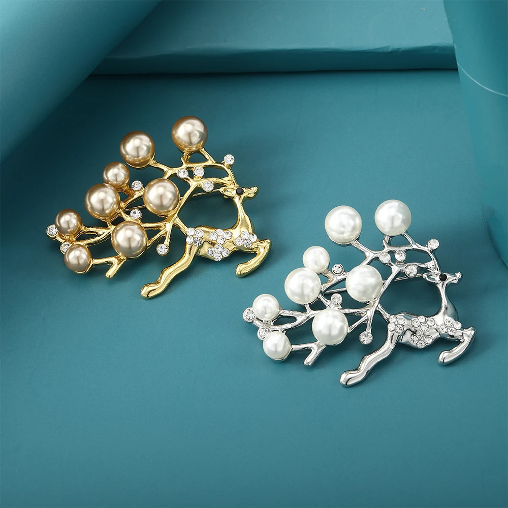 دبابيس طية صدر أيل بألوان ذهبية وفضية للنساء ، بروش لؤلؤ مرصعة بالكامل بالكريستال ، 2 روض