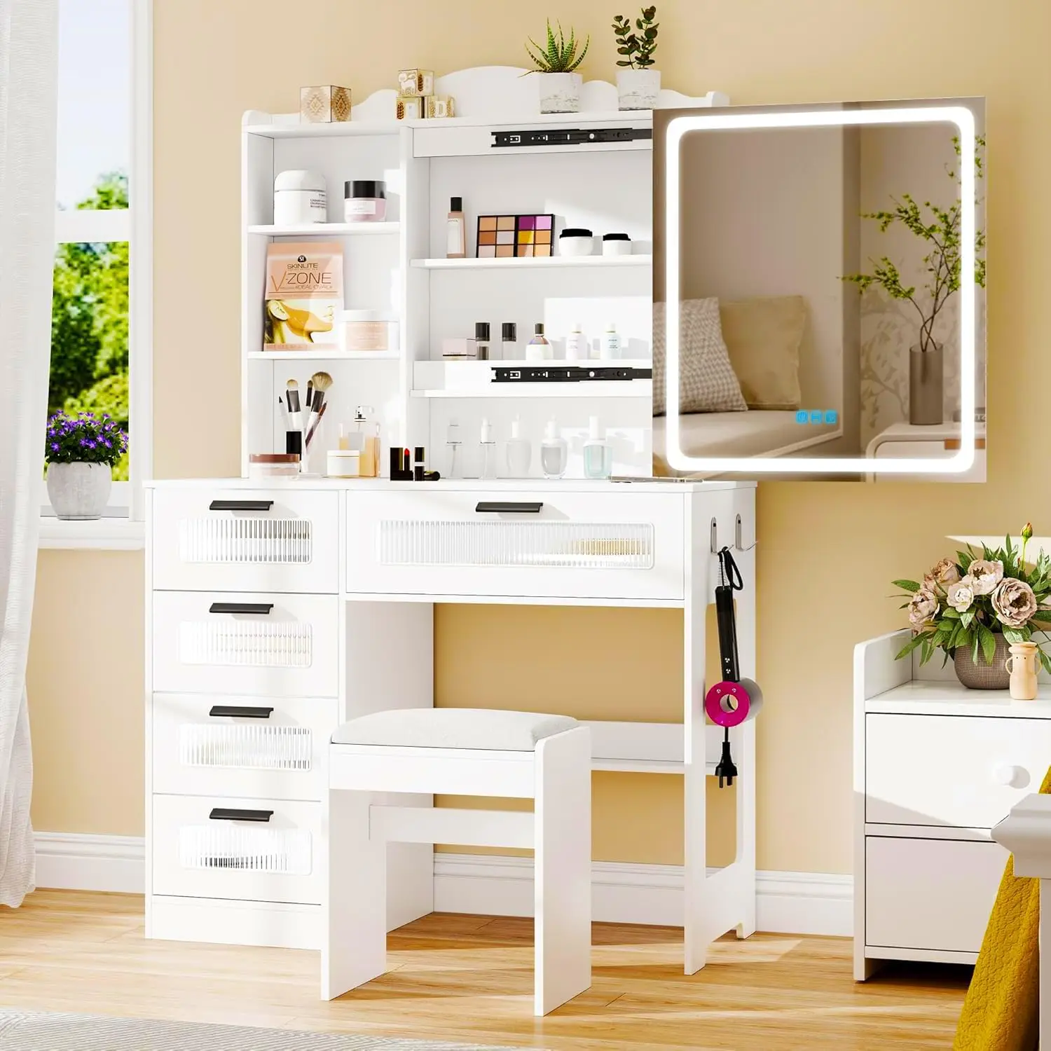 RGB LED Makeup Vanity Desk with Mirror, Charging Station & 5 Drawers, White Vanity Set with Stool