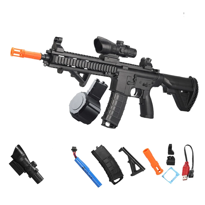 7.4V High-speed Burst M416 Gel Ball Toy Gun With Orange Plug And Double Magazine For Outdoor Interactive Parent-child Games.