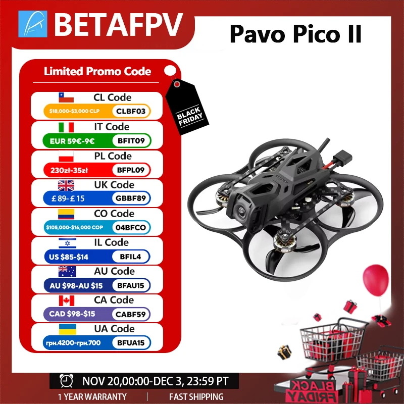 Betafpv Pavo Pico II sin escobillas Bwhoop Quadcopter Cinewhoop ELRS 2,4G/O4 SBUS O4 Unidad de aire VTX LAVA 1102 14000kv F4 2-3S 20A FC