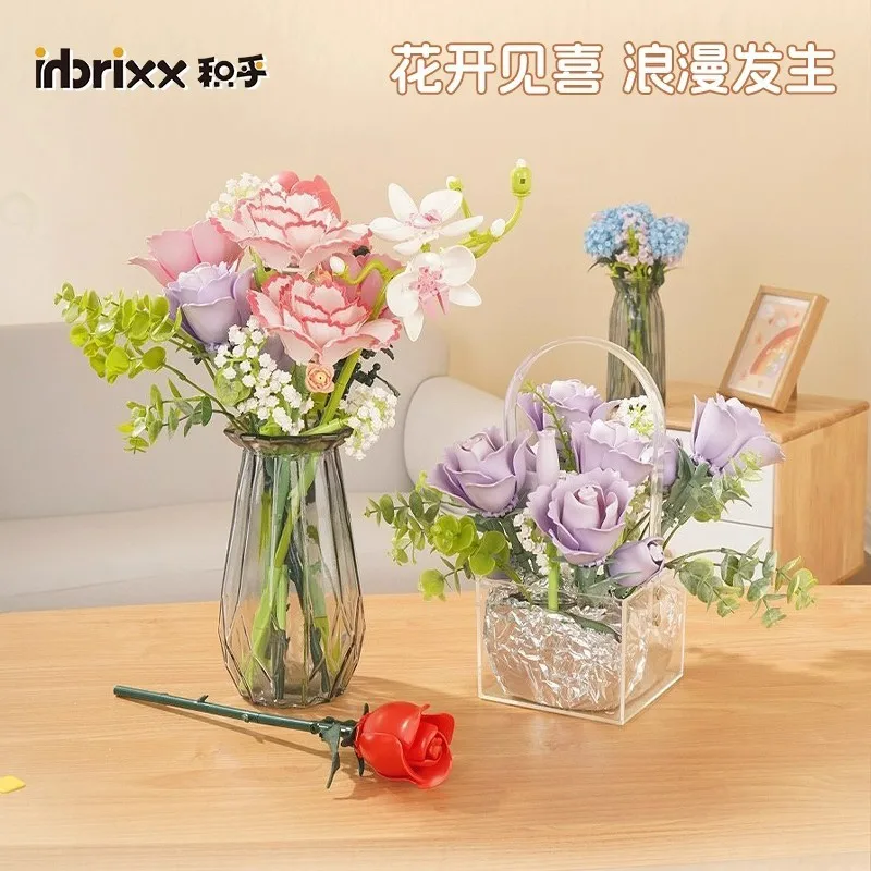 Small Particles Building Block Flower Simulation Assembly Model Kit Lily Of The Valley Tulip Peony Carnation Plastic Toy Gift