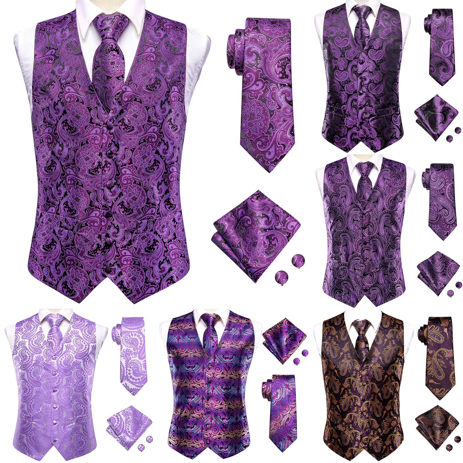 

Lilac Lavender Purple Silk Mens Waistcoat Tie Set Sleeveless Jacket Suit Vest Necktie Hanky Cufflinks Wedding Business Oversized