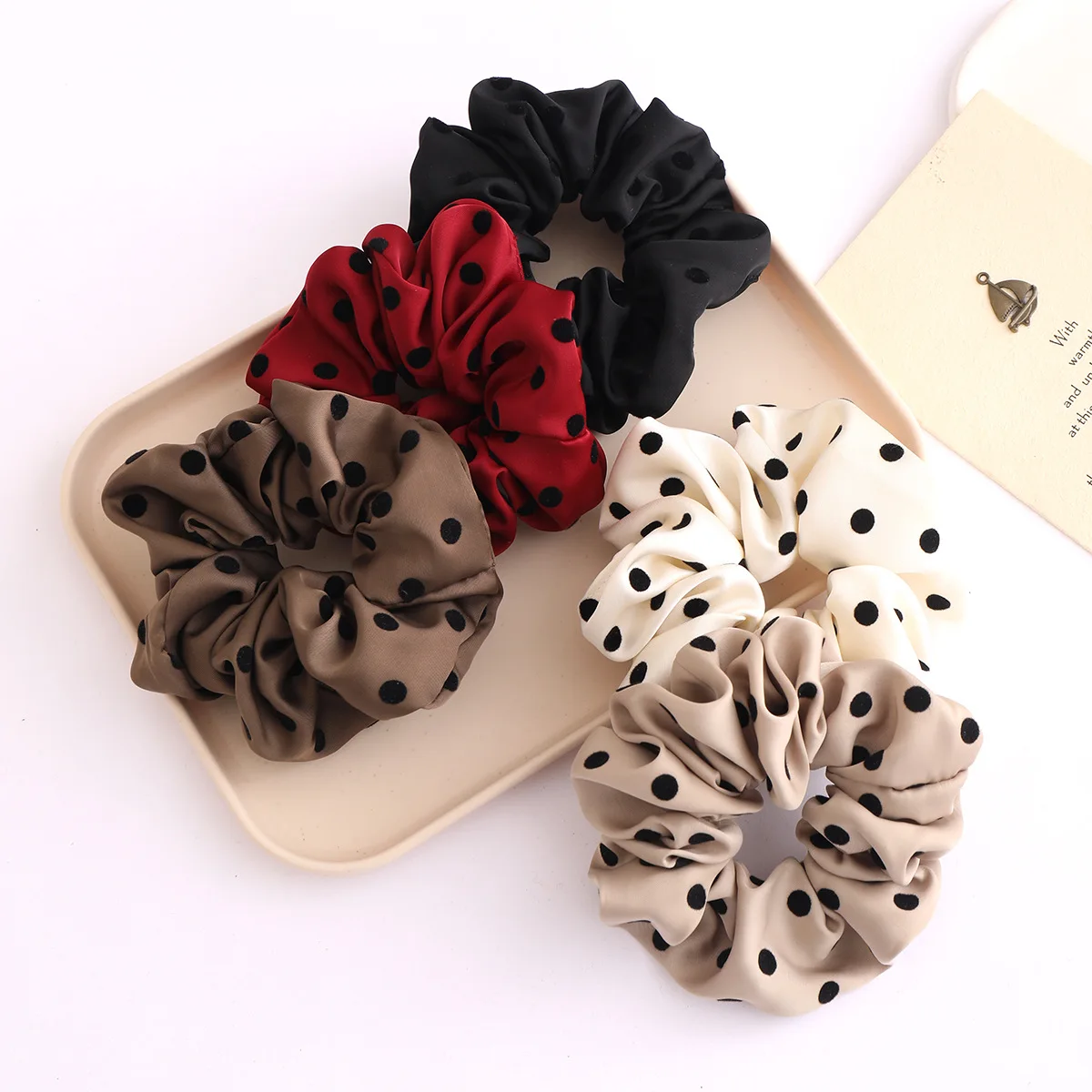 Korean Style New Arrival Satin Polka Dot Scrunchies – French Retro Fabric Elastic Hair Ties