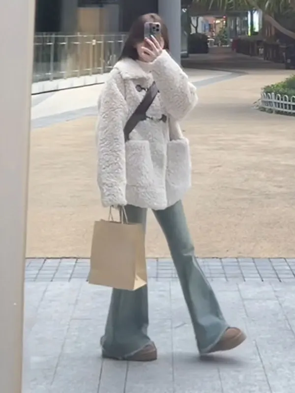 

Lamb Fur ort Jaet Gentle Sle ular Winter Coat Button Design Loose Fit Long Sve Pure Color Easy Care for Ladies