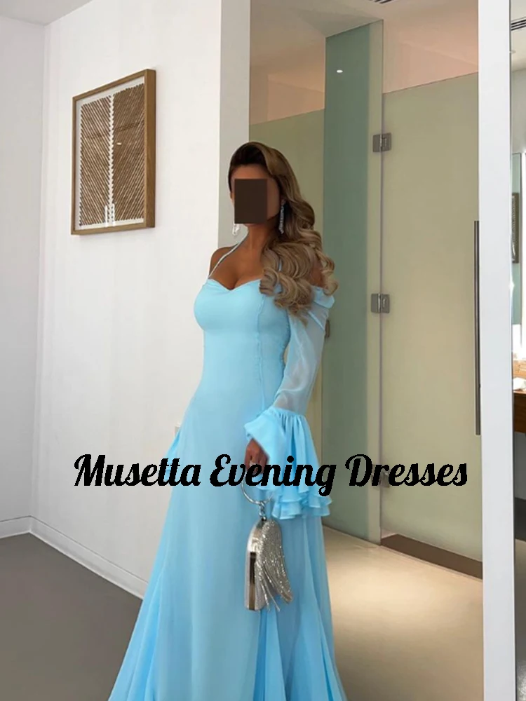 Musetta Modern Chiffon Prom Dresses Halter Neck Frill Long Sleeves Evening Gowns A-Line Backless Vestidos De Noche Customized