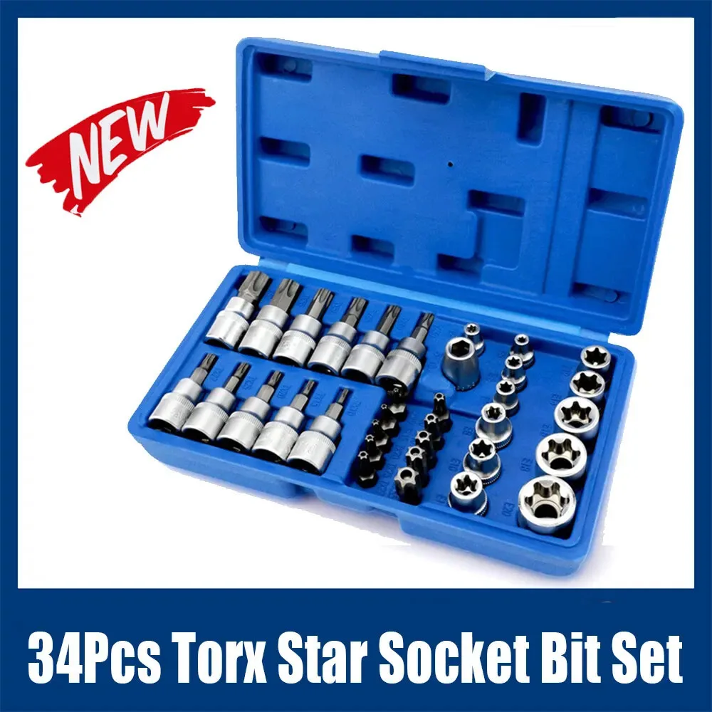 Professional 34pcs Torx Bit Socket & E-Torx Star Socket Set 1/4