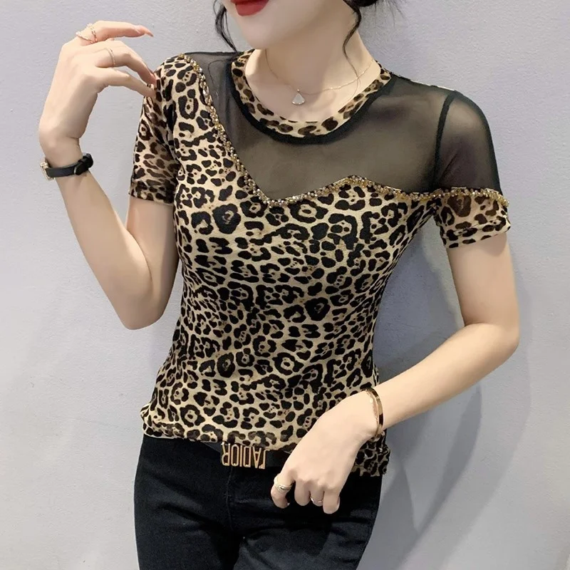 # 5239 Summer Leopard T Shirt Women Spliced Mesh Sexy Vintage Skinny T Shirt Female O-neck Diamonds Short Sleeve T-shirts Retro