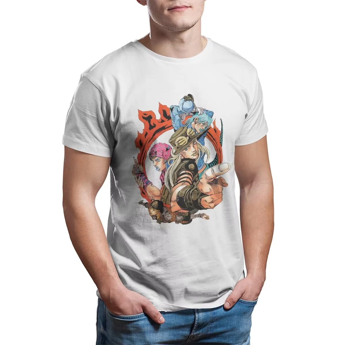 SBR Steel Ball Run Characters T-Shirts for Men Jojos Bizarre Adventure Anime Jjba Manga Humorous 100% Cotton Printed Clothing
