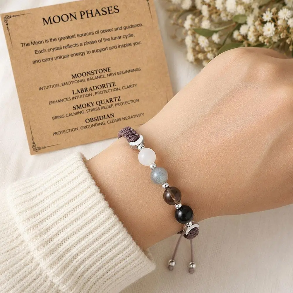 Mental Comfort Moon Shimmer Stone Wrist Bracelet Stretch Elastic Cord Obsidian Cat Eye Beads Ease Anxiety Calm Emotion Gear view 3