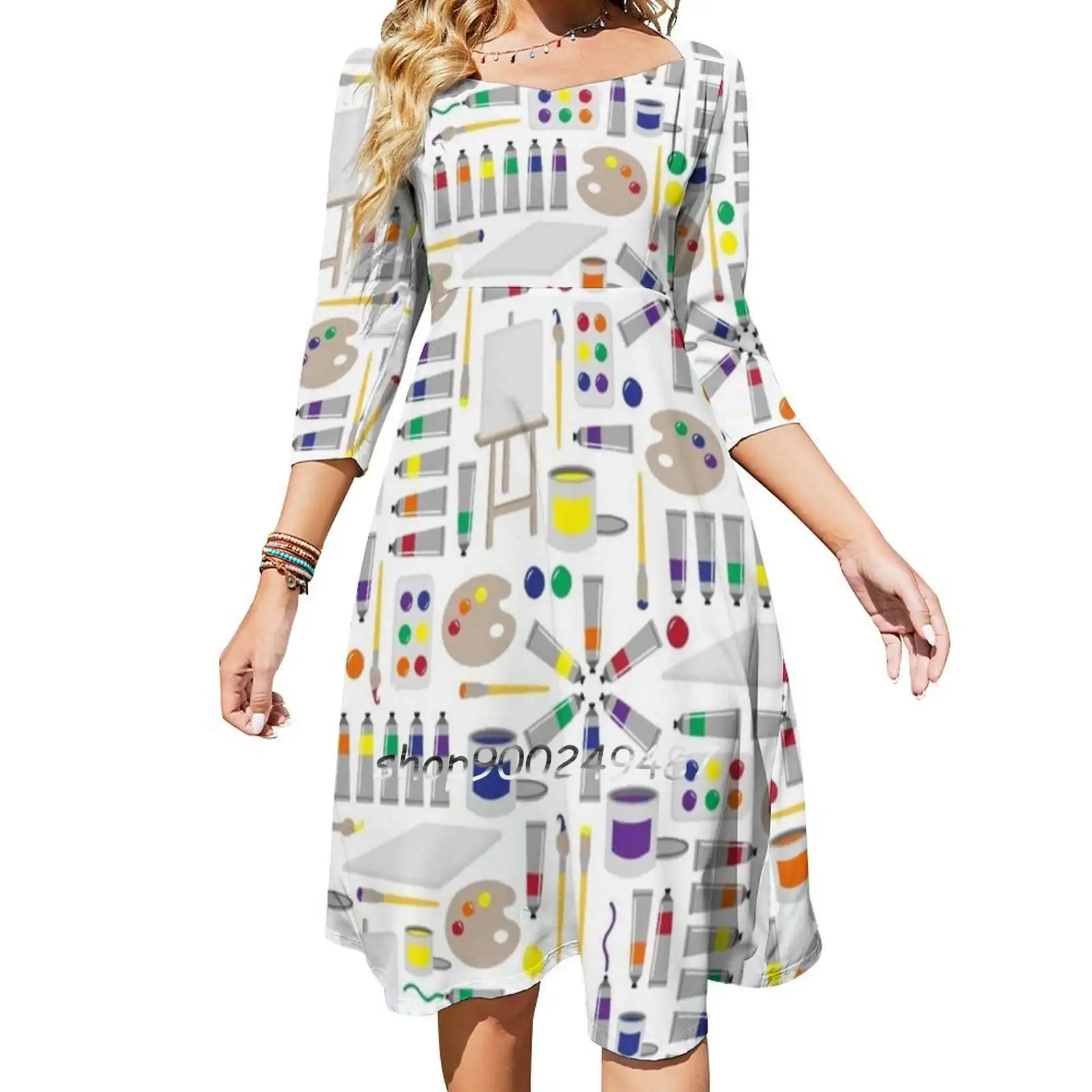 

An Artist'S Palette Square Neck Dress Cute Loose Print Dresses Elegant Beach Party Dress Easel Paintbrush Artistic Kid Child