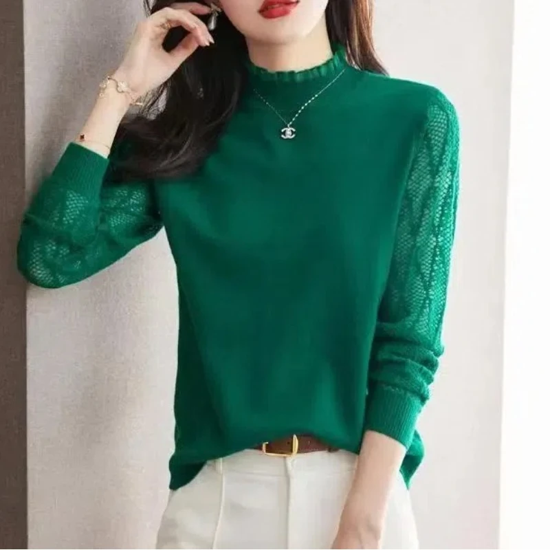 Autumn Winter Lace Patchwork Solid Color Pullover Sweater Knitted Women\'s Clothing Casual Long Sleeve Half High Collar Tops