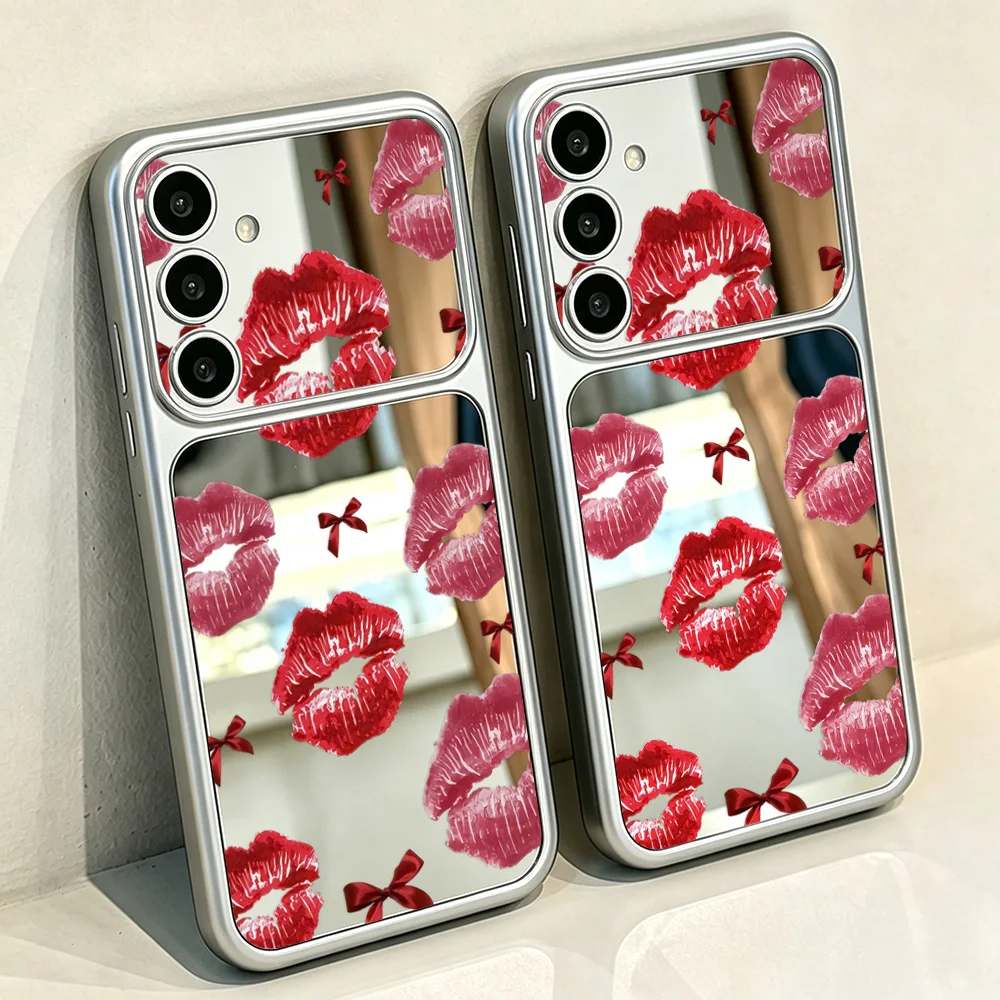 Bow Red Lips Pattern Mirror Phone Case For Samsung A57 A16 A56 A37 S23 S24 S25 FE S26 Ultra A07 A17 A55 A54 A26 A36 A06 Cover