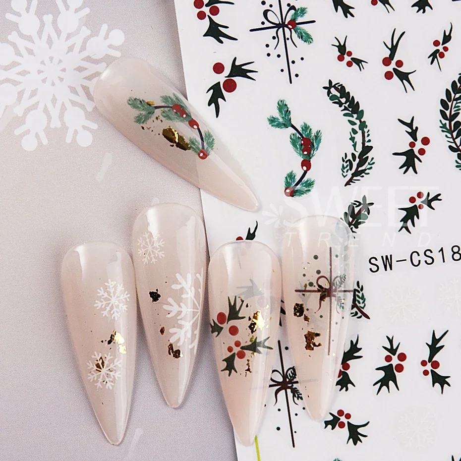 2/4 pezzi adesivi per unghie natalizi autoadesivi foglie verdi agrifoglio fiocco di neve decalcomanie per unghie cursori decorazione manicure capodanno fai da te