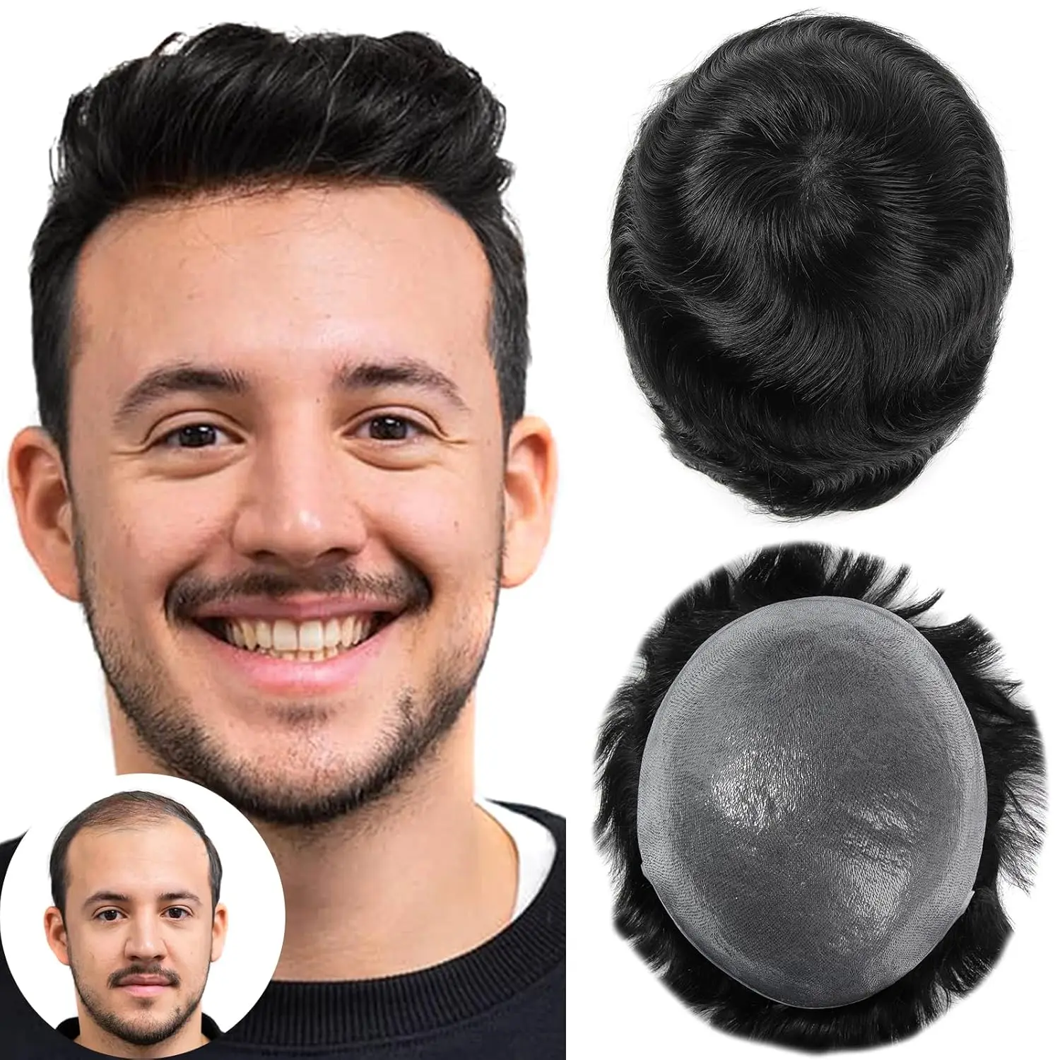 Alimice Toupee For Men Hair Piece Real Human Hair Replacement System Poly Skin Mens Toupee Hair System Natural Hairline