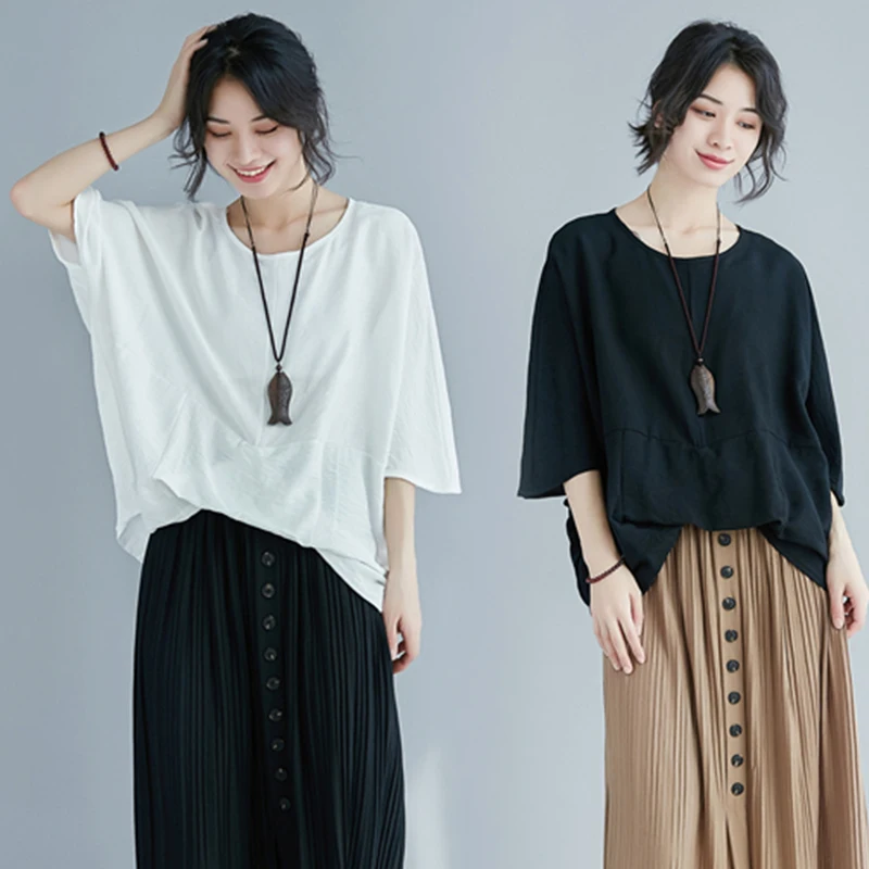 Verão novo sle artístico assimétrico batwing sve algodão linho camiseta tamanho grande feminino retalhos cor na moda topo