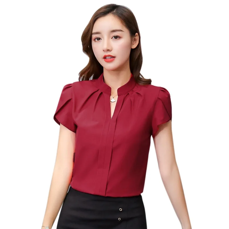 Women Casual Chiffon Shirt Summer Short Sleeve Elegant Blouse Female Formal Office Chiffon Tops Solid Color Loose Tops