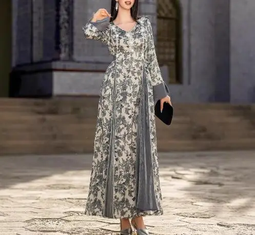 

2025 Autumn/Winter New Women's Fashion Elegant V-neck Long Sleeve Casual Waist Printed Large Swing Long Skirt Women's Wear