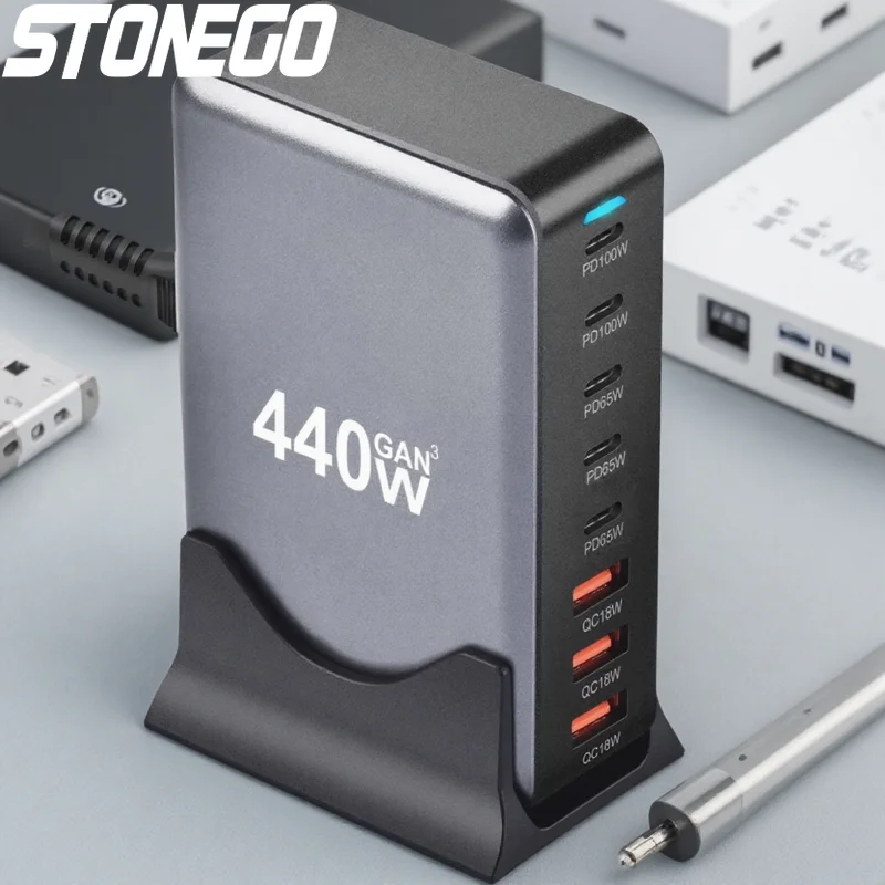 

Зарядная станция USB-C 440 Вт, 8 портов, быстрая зарядка, совместимость с двойным PD, для MacBook Pro Air, iPad, iPhone 16, 15, 14, 13 Pro Max