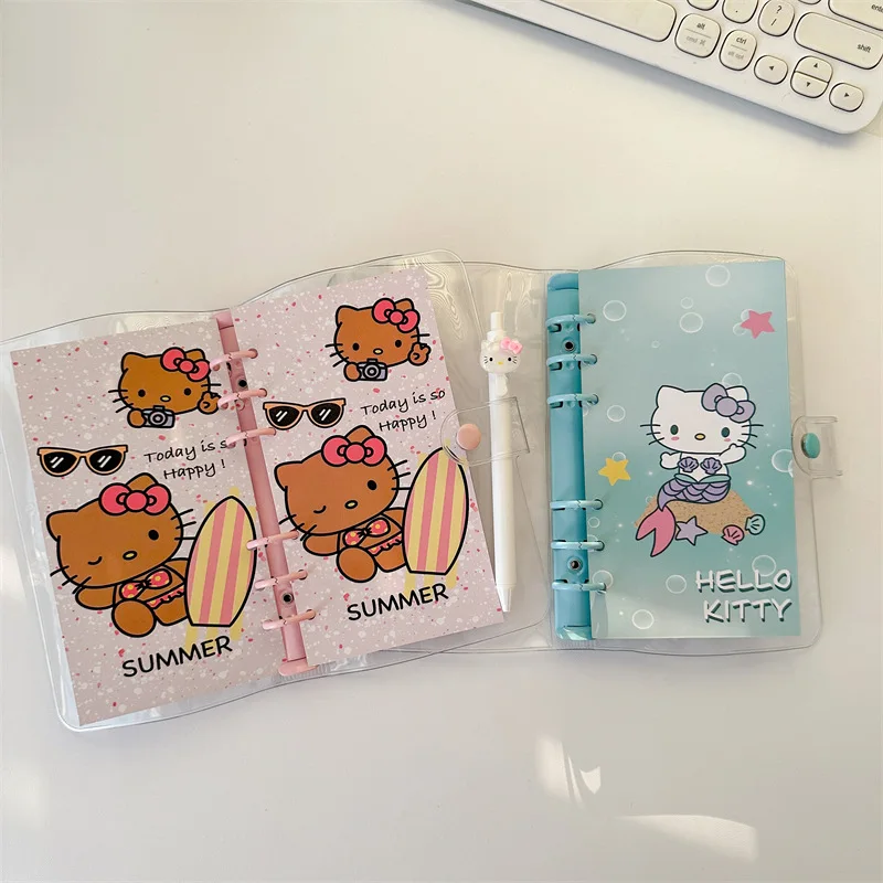 Sanrio Hello Kitty Notebook with Kt Pen Shell Student Cartoon 6 Holes Handbook Clip Anime Stationery Clip A6 Loose-leaf Folder