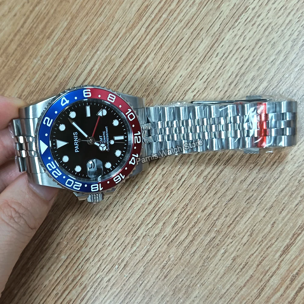 Parnis 40mm Black Dial Sapphire Crystal GMT Automatic Movement Left Crown Men Boy Wristwatch Luminous Marker Date Rotating Bezel