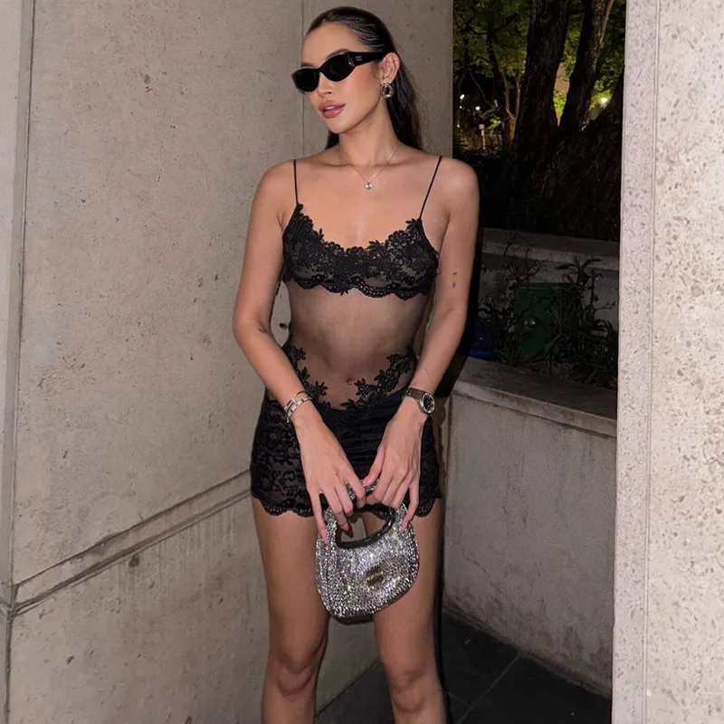 DSMTRC Mini abito sexy in maglia patchwork di pizzo Donna Nuovo abiti da club aderenti senza spalline senza spalline con cinturino per spaghetti di mezzanotte