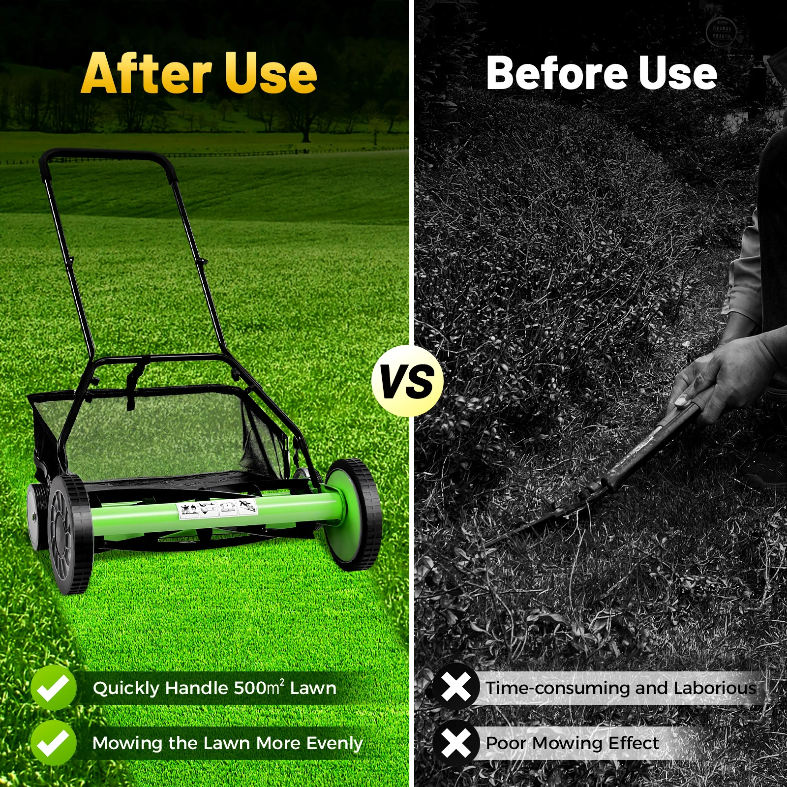 20 Inch Manual Reel Lawn Mower with 9 Height Adjustments, 5-Blade Grass Cutter for Small Garden