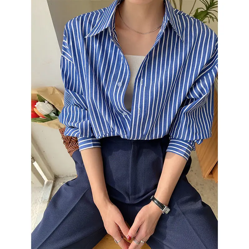 Women Spring Korean Loose Simplicity Striped Turn-down Collar Long Sleeve Shirts Women Clothes Casual All-match Appear Thin Tops