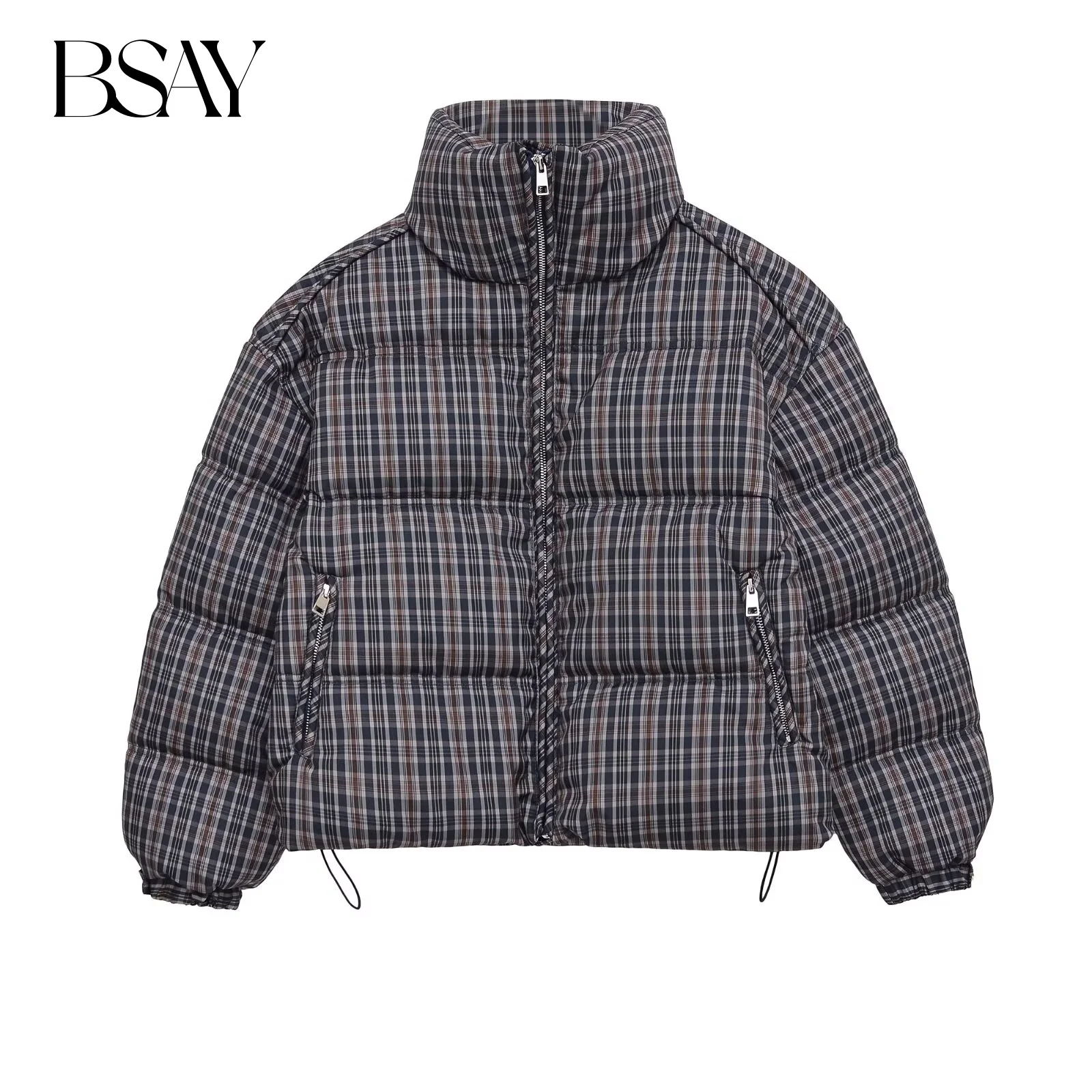 

BSAY Plaid Stand Thick Warm Cotton Jacket for Women Fashion Autumn Winter Long Sleeved Zip Short Coats Chic Ladies Tops Mujer