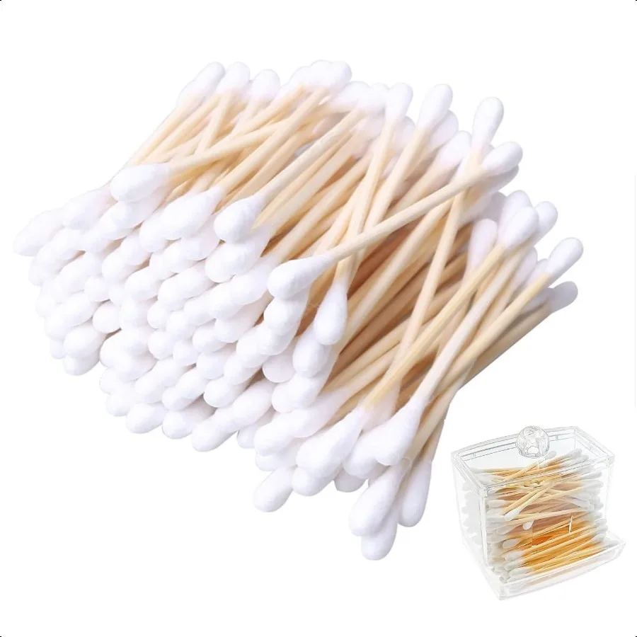 สำลีพันก้านไม้ไผ่ 900 ก้าน พร้อมที่ใส่แบบใส ด้ามไม้สำหรับทำความสะอาดหูและแต่งหน้า