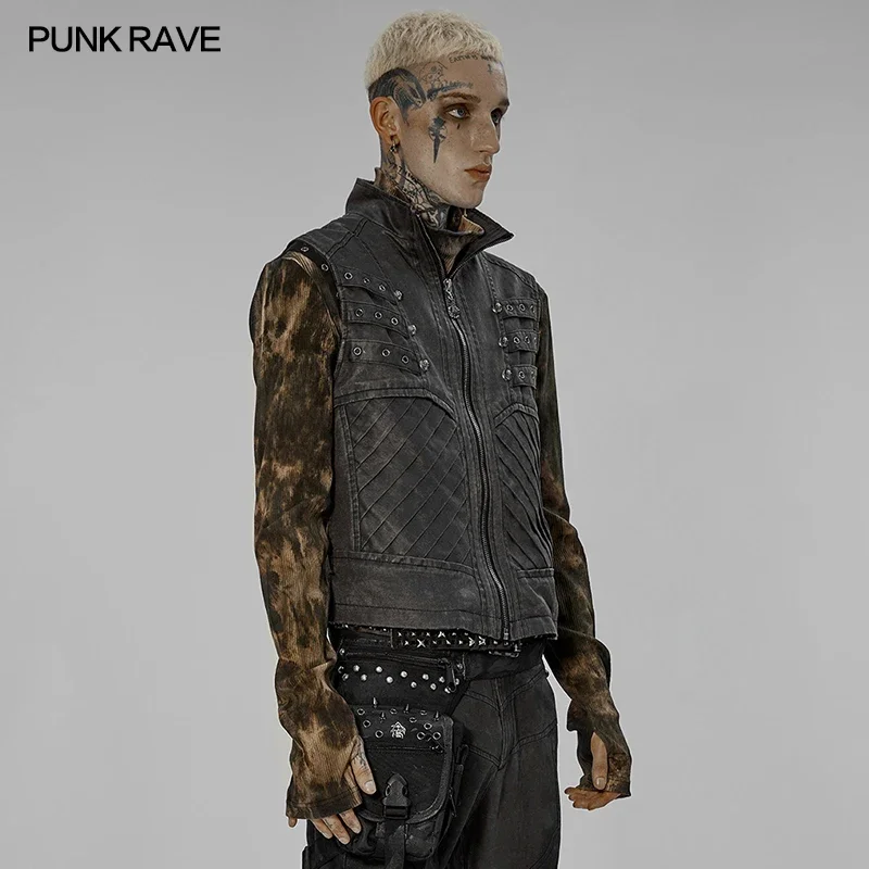 PUNK RAVE Men\'s Post-apocalyptic Style Distressed Vest Breathability  Lining  Sleeveless Casual Handsome Waistcoat Four Seasons