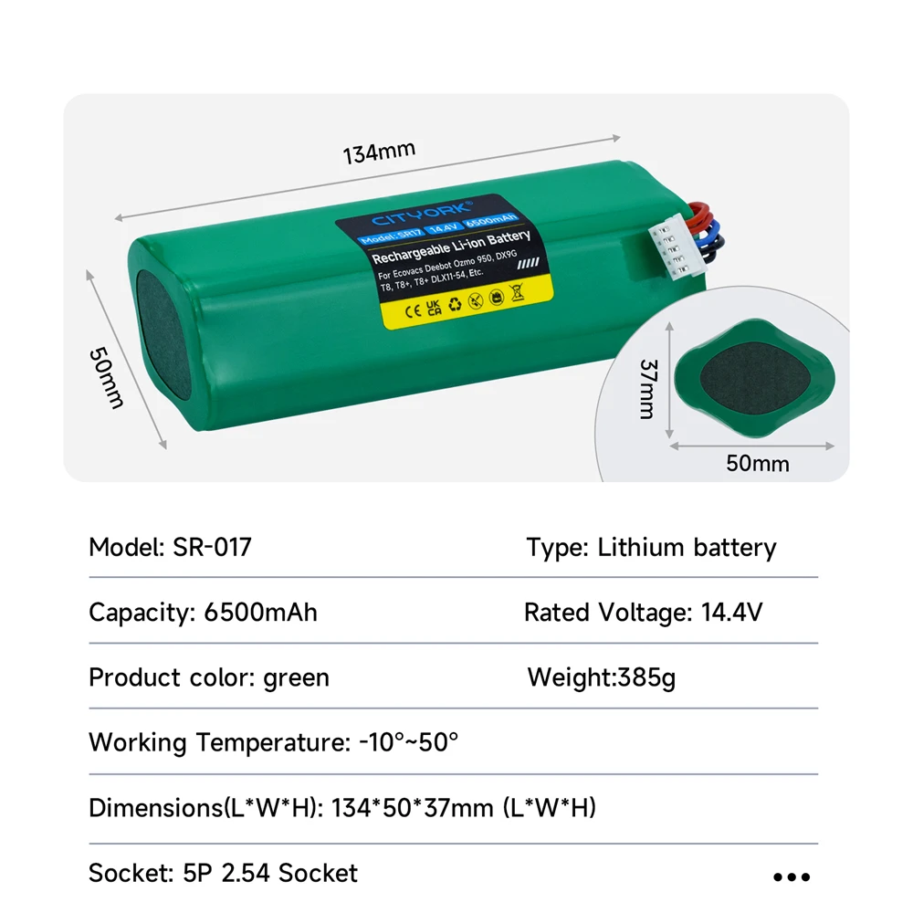 14.4V 6500mAh Vacuum Cleaner Battery for Ecovacs Deebot T8,T8AIVI,T8+,T5,N5,N8,DJ65,DX33,DX53,T8 AIVI,O950,Ozmo 9er,DLX11-54