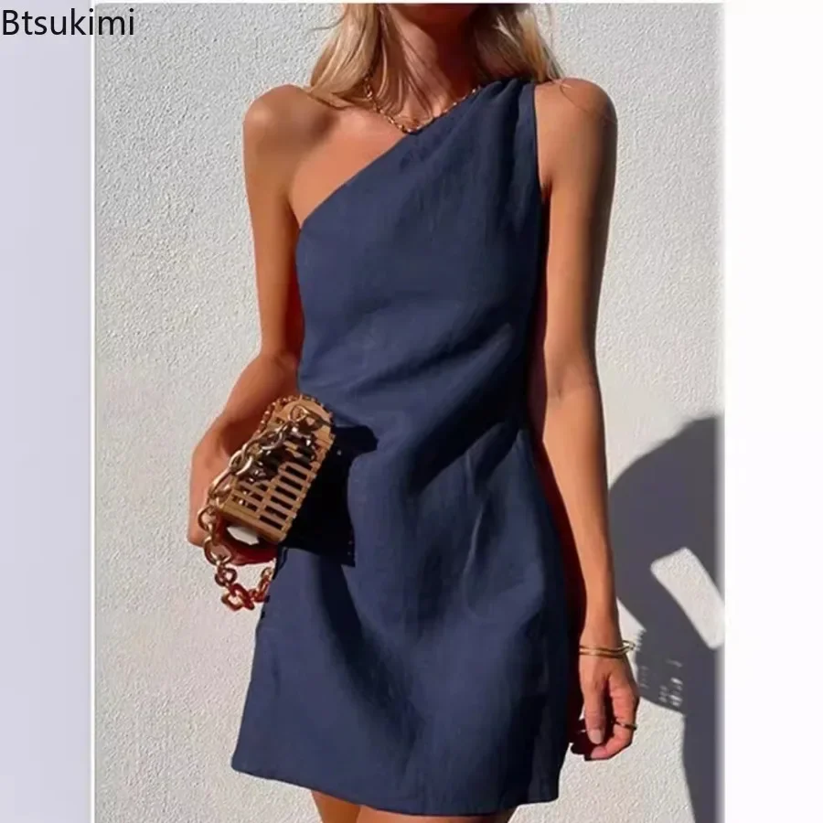 2026 New Arrivals Women's Elegant Mini Dress Comfy Cotton Linen Solid Sleeveless Short Dresses Summer Slant Shoulder Dress Femme