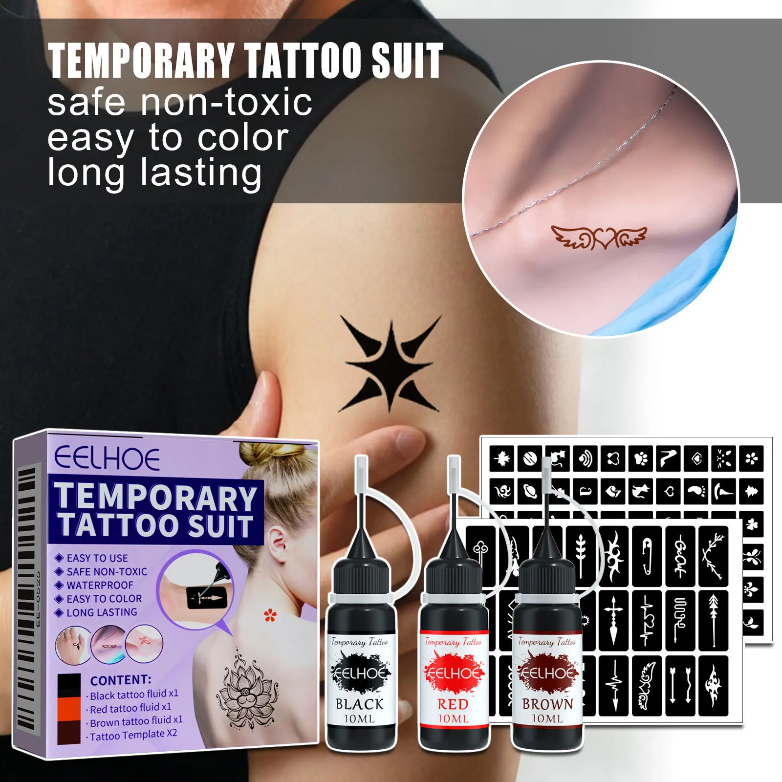3 Colors Juice Temporary Tattoo Kit – Natural Plant-Based Semi-Permanent Body Art, Water-Resistant DIY Tattoo Stencils Set