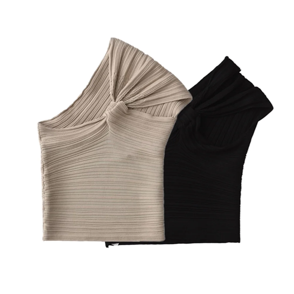 PB&ZA2024 Autumn New Women\'s Fashion Style Sleeveless Slimming Top with Diagonal Bow Tie and Asymmetric Ribbed Knitted Sweater