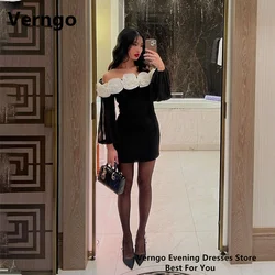 Verngo Black And White Satin Mini Party Dress For Women 3D Flowers Off The Shoulder Short Prom Gowns Simple Formal Dress