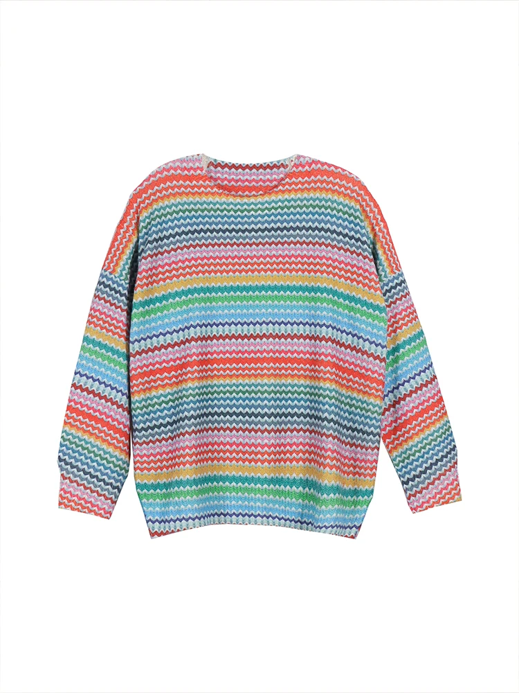 

plus Size Hollow Collision Knitted Sweater round Neck Pullover Striped Design Comfortable Fit Women's Fashion Autumn Winter