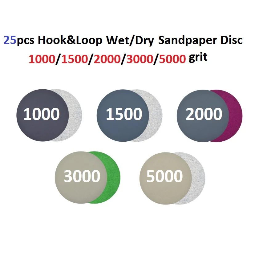 25pcs 3inch 75mm Waterproof Hook Loop Round Sander Disc 1000/1500/2000/3000/5000 Grit Sanding Discs Wet/Dry Sandpaper