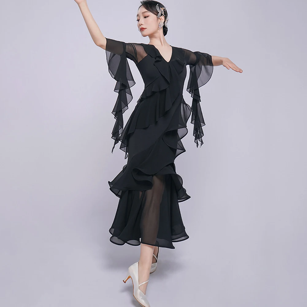 Flamenco Skirts Ruffled Dance Dresses V-collar Long Dress Fragrant Snow Green Middle Sleeve National Standard Dance Black New