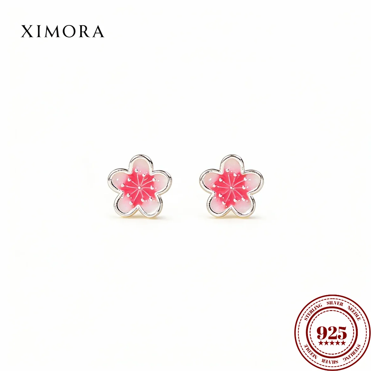

XIMORA S925 Sterling Silver Pink Five-Petaled Peach Blossom Threaded Stud Earring Exquisite Minimalist Style Gift for Women