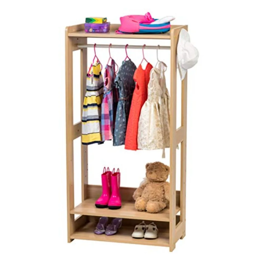 Small Open Wood Clothing Rack for Small Spaces Clothes Rack with Shelves Garment rack with Side Hook Light Brown