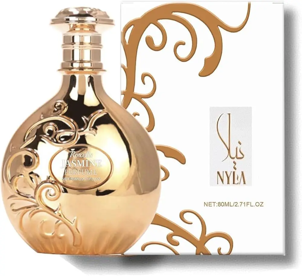 

Arabiyat Prestige Nyla Perfume 80ml 2.7oz Eau De Parfum Spray Exotic Jasmine Suede Gourmand Scent Long Lasting Arabian Luxury Anniversary Birthday Graduation Gift Metallic Gold Bottle Elegant Women Fragrance Sweet Vanilla Caramel White Floral Musk Date Ni