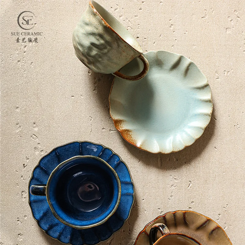 

Retro Kiln - Changed Ceramic Cup & Saucer Set Hand - Pinched Pattern Coffee Mugs Ideal for Couples