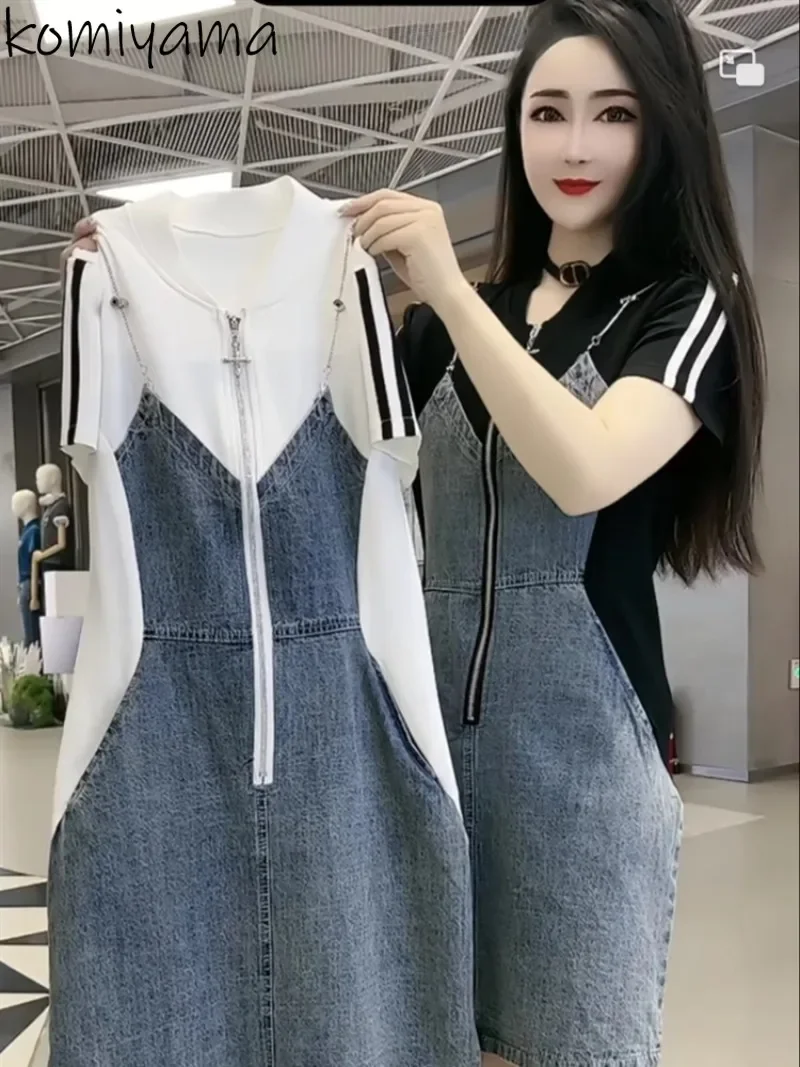 

Fake Two Piece Dresses Denim Patchwork Women Dress Spring Summer Short Sleeve Vestidos Mujer Zipper Vestido Pockets Mini Ropa