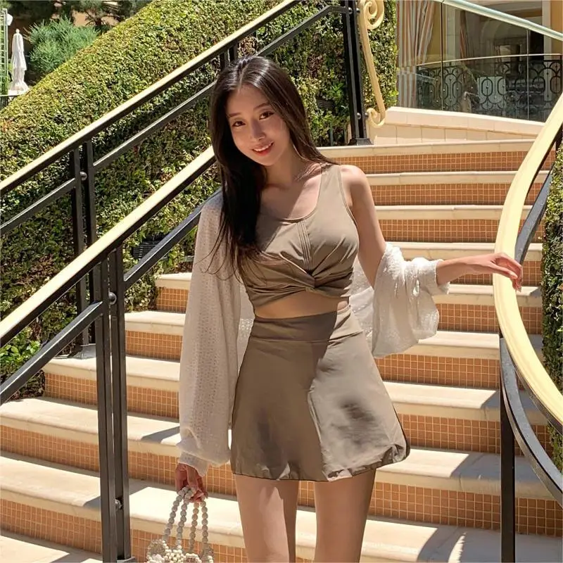 2024 koreański modny strój kąpielowy śliczne brązowe wycięte body bandeau damskie wąskie bikini jednoczęściowy strój kąpielowy kostiumy kąpielowe