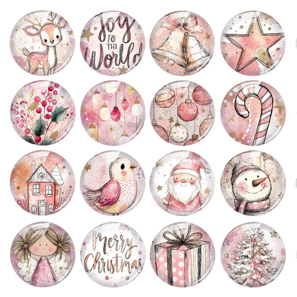 Random Mixed Round/Oval/Square Pink Christmas Winter Tree Santa Photo Glass Cabochon Flatback Demo Cameo For Diy Jewelry Making