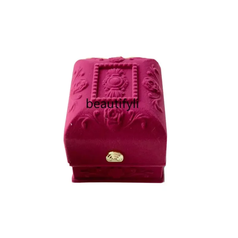 yj French Retro Embossed Rose Velvet Pink Girl Jewelry Box