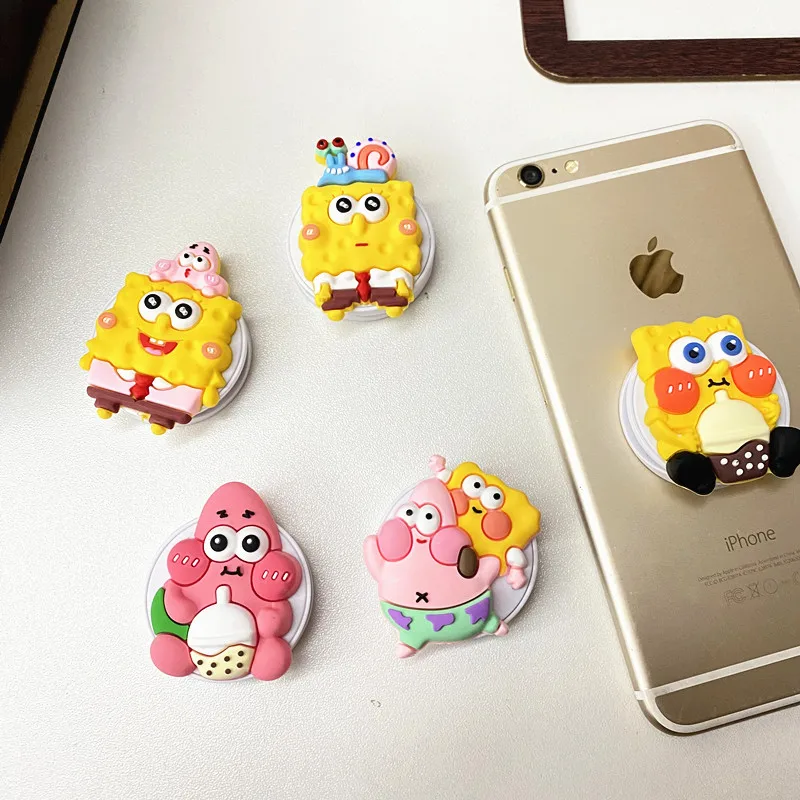 Potdemiel الكرتون سبونجبوب حامل هاتف العالمي 3M ذاتية اللصق قابلة للطي قوس تمتد قبضة الهاتف فنجر الوقوف