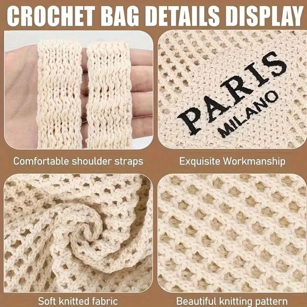 1 Piece Women's Knitted Woven Tote Bag - Paris Lettered Open Shoulder Bag, Breathable Beach & Travel Bag, Washable Fabric, Casual Shopping Accessory, Durable Woven Design, Exclusive for Fashion Enthus image 5