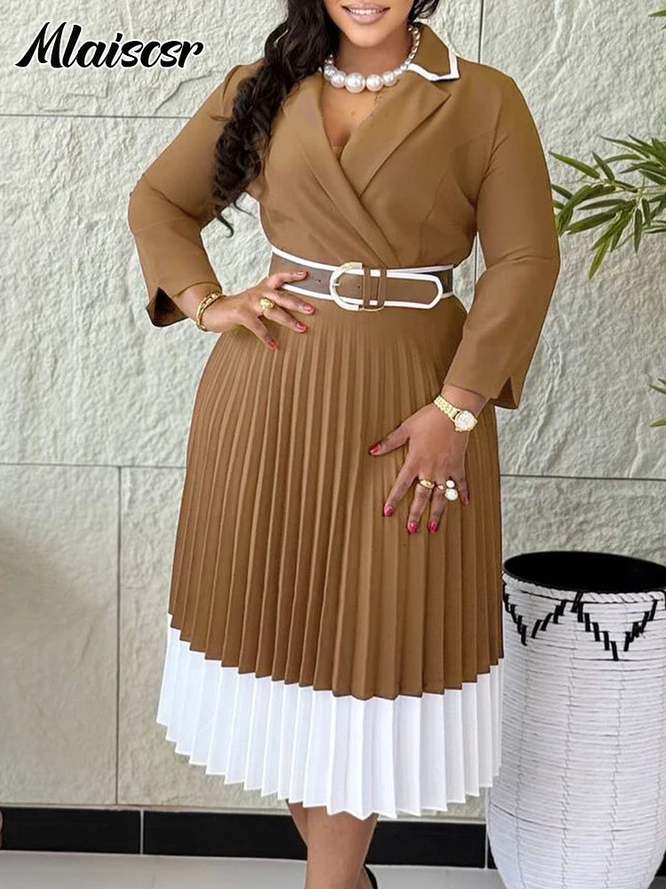 Mlaiscsr vert africain manches longues col cranté taille haute plissée Robe moyenne avec ceinture femmes bureau soirée robes d'invité Robe