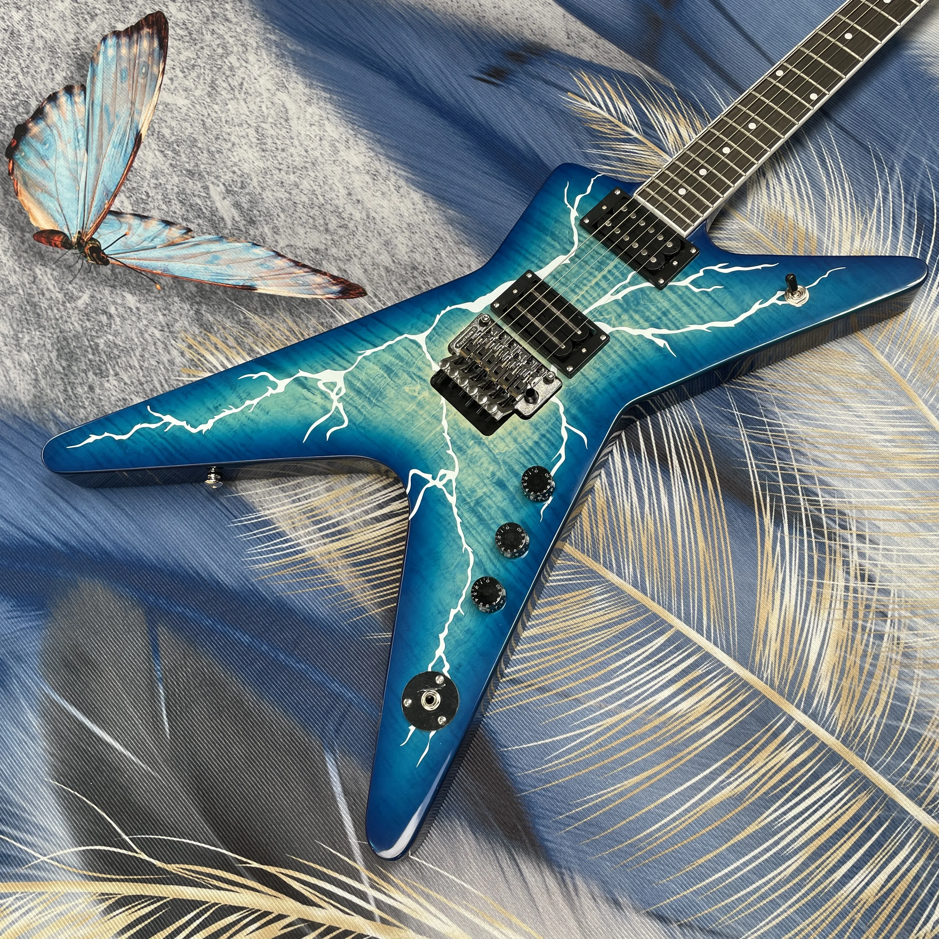 Blue gradient lightning painted electric guitar,mahogany body double locking system guitars,high output heavy metal guitarra